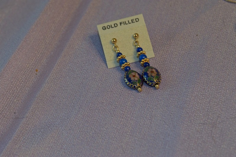 cloisonne drop earrings with a deep blue oval bead and gold-filled French hooks.