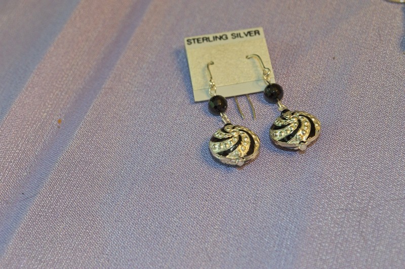 earrings featuring a round cloisonne bead in silver and black with sterling silver findings