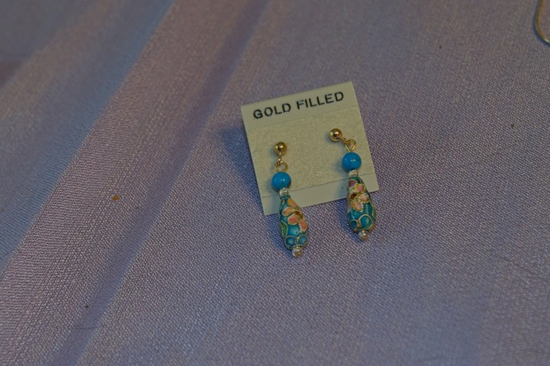 these cloisonne earrings feature a regular rounded teardrop shaped bead (as opposed to the flattened teardrop shape of the ones above).
