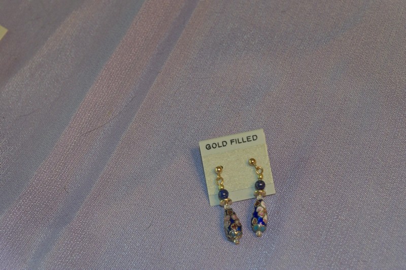 cloisonne teardrop earrings with a dark blue background color