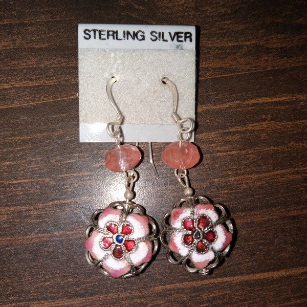 earrings made with silver-colored openwork cloisonne beads and sterling silver findings